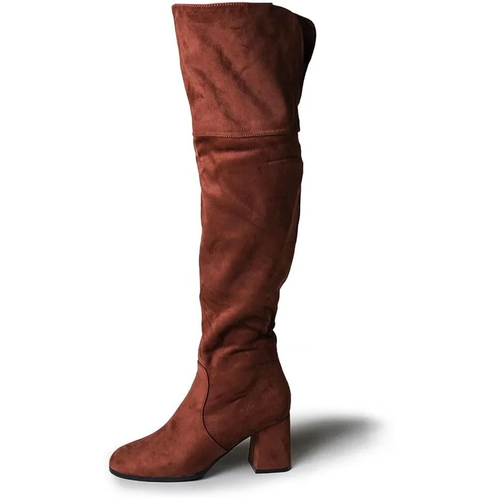 🆕J.Adams Brown Vegan Suede Over The Knee Trendy Low Block Heel Thigh High Boots